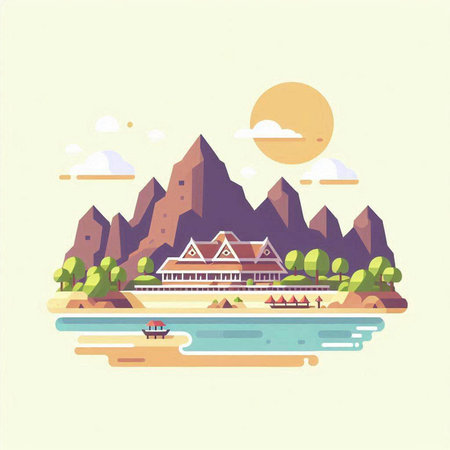 Landscape with mountains, river and houses. Vector illustration in flat styleのイラスト素材