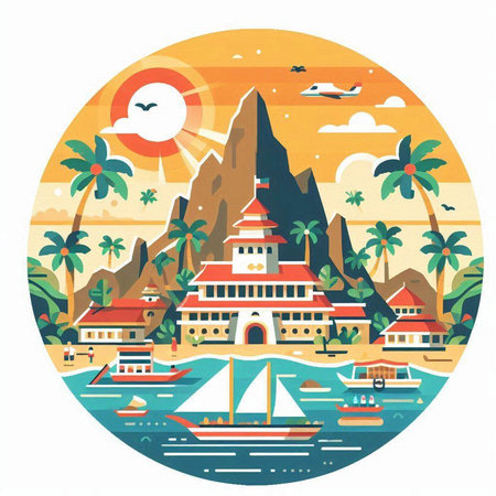 Tropical island with palm trees, boats and mountains. Vector illustrationのイラスト素材