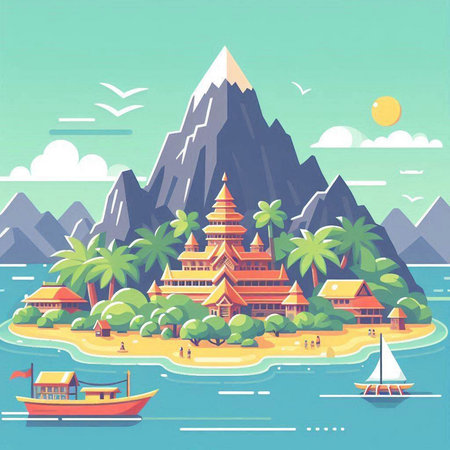 Vector illustration of a tropical island with a Buddhist temple, boats and palm trees.のイラスト素材