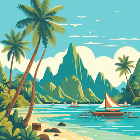 Tropical island with palm trees, boats and mountains. Vector illustrationのイラスト素材