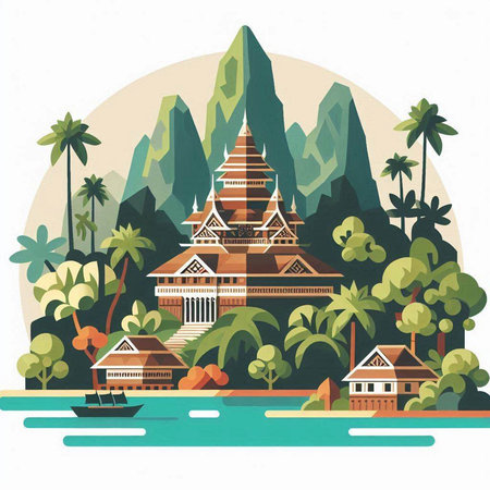 Tropical landscape with pagoda. Vector illustration in flat styleのイラスト素材