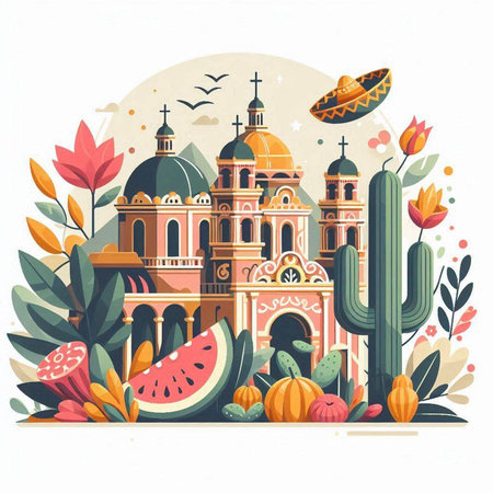 Cinco de mayo greeting card with mexican churchのイラスト素材