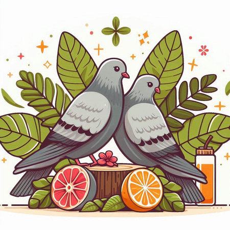 Two pigeons on a white background with leaves and fruits. Vector illustration.のイラスト素材