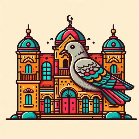 Dove in front of the mosque. Colorful vector illustration.のイラスト素材