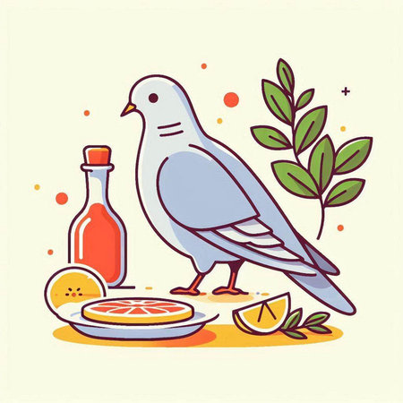 Vector illustration of a dove with a bottle of olive oil and a plate of orangeのイラスト素材
