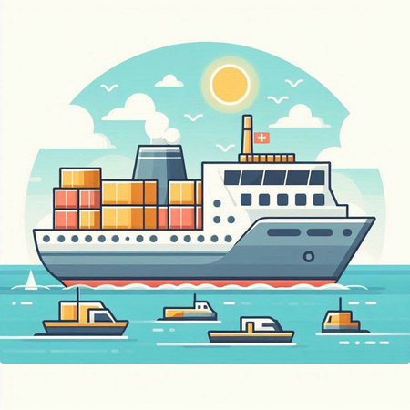 Cargo ship in the sea. Vector illustration in flat style.のイラスト素材