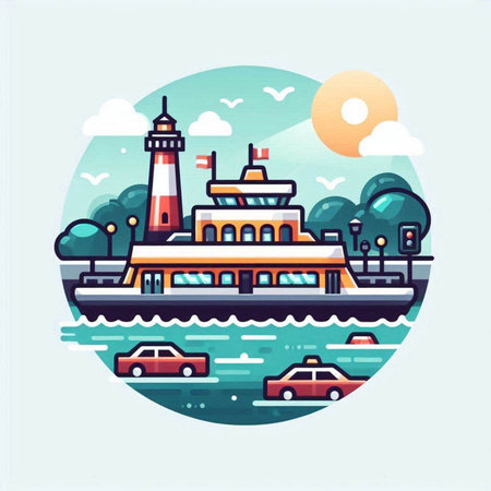 Flat vector illustration of a boat on the sea. Lighthouse in the city.のイラスト素材