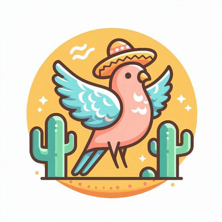 Cute bird with sombrero and cactus. Vector illustration.のイラスト素材