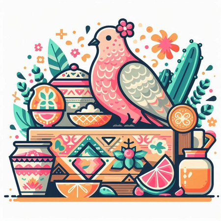 Vector illustration with a cute parrot on the background of flowers and fruits.のイラスト素材