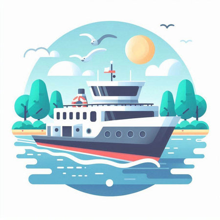 Cruise ship on the river. Vector illustration in flat style.のイラスト素材