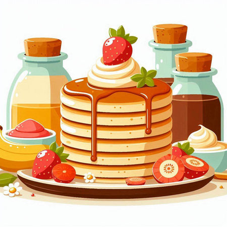 Illustration of a stack of pancakes with syrup and strawberries on a white backgroundのイラスト素材