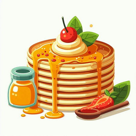 Illustration of a stack of pancakes with honey and cherry on a white backgroundのイラスト素材