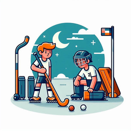 Two boys playing hockey in the field, vector illustration. Cartoon style.のイラスト素材