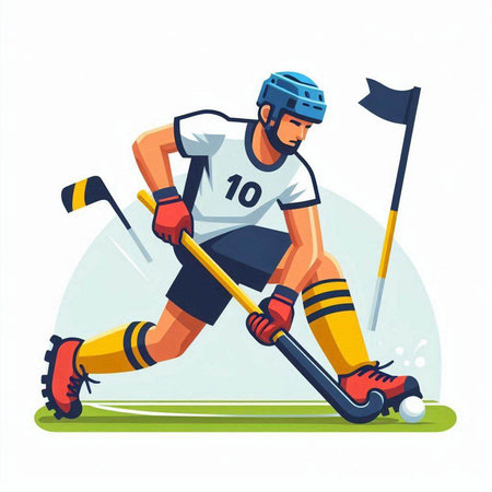 Ice hockey player vector illustration. Cartoon ice hockey player with stick and puck.のイラスト素材