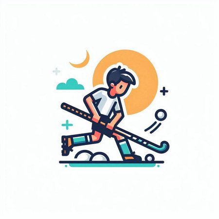 Man playing hockey flat color vector icon. Sportsman with hockey stick isolated cartoon illustrationのイラスト素材