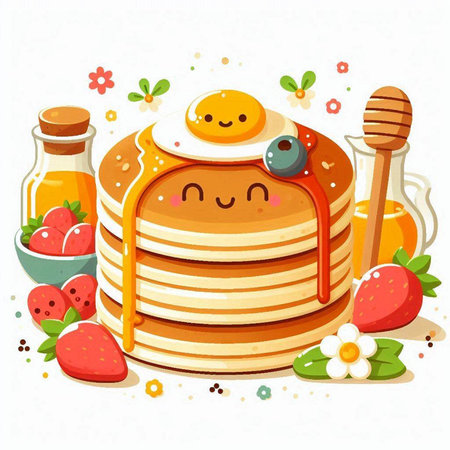 Cute pancakes with honey and strawberries on a white background. Vector illustration.のイラスト素材