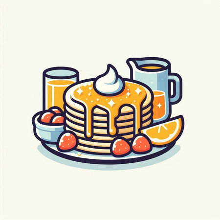 Pancakes with cream and strawberries on a plate. Vector illustration.のイラスト素材