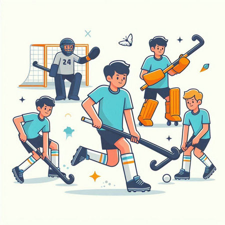 Group of children playing hockey. Vector illustration in flat cartoon style.のイラスト素材