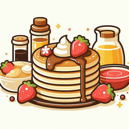 Illustration of a Stack of Pancakes with Strawberries and Creamのイラスト素材