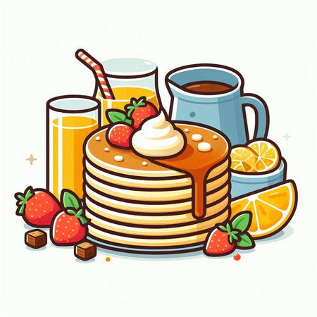 Pancakes with orange juice, strawberries and whipped cream. Vector illustration.のイラスト素材