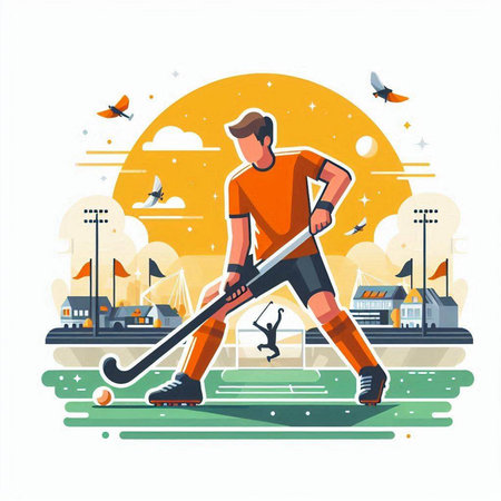 Hockey player in action on the field. Flat vector illustration.のイラスト素材