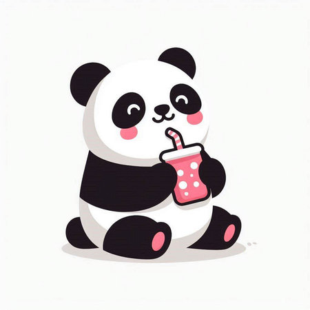 Cute panda with a glass of juice. Vector illustration.のイラスト素材