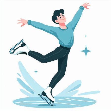 Ice Skating. Young man on ice skates. Vector illustration in cartoon style.のイラスト素材