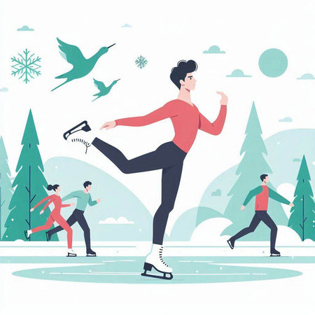 Winter sports. Ice skating. People in the park. Vector illustrationのイラスト素材