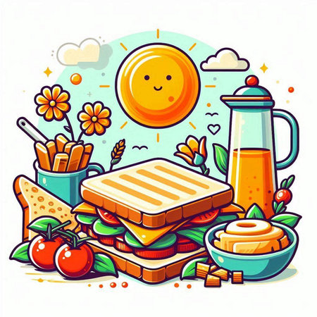 Vector illustration of healthy breakfast with sandwiches, vegetables, fruits and juice.のイラスト素材