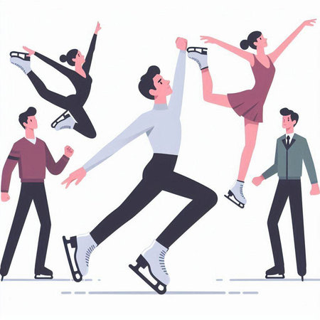 People practicing ice skating. Group of men and women practicing figure skating. Flat vector illustration.のイラスト素材