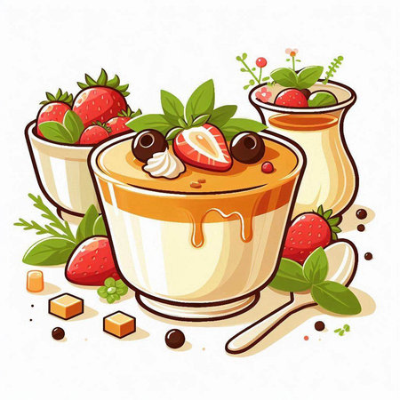 Pudding with strawberries and mint. Vector illustration in cartoon style.のイラスト素材