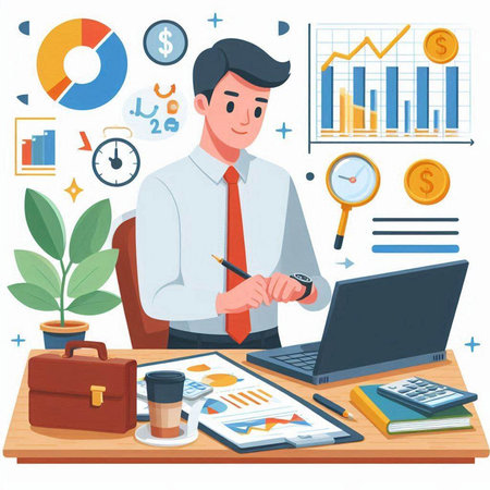 Businessman working at office. Vector illustration in flat cartoon style.のイラスト素材