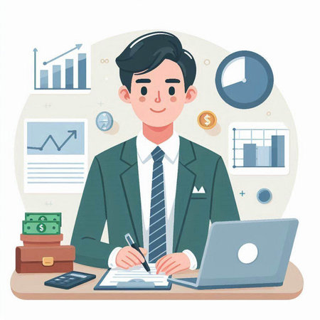 Businessman working in office. Vector illustration in a flat style.のイラスト素材