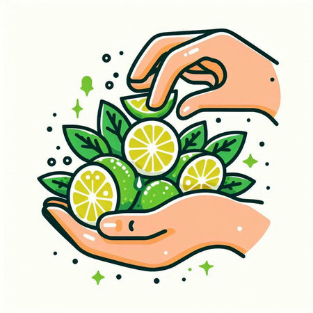 Lime in hand. Hand drawn vector illustration. Doodle style.のイラスト素材