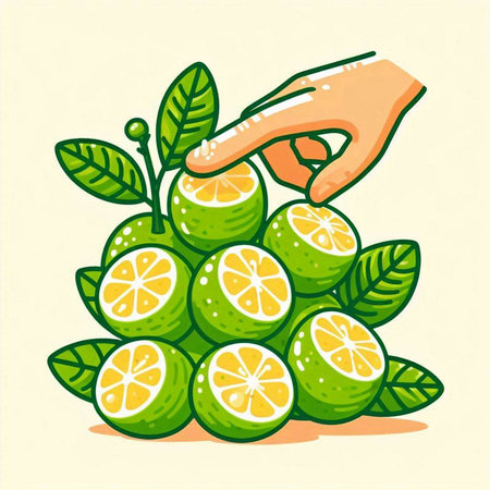 Lime fruit vector illustration. Hand holding slice of lemon with leaves.のイラスト素材