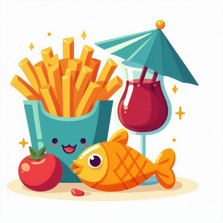 Fried fish, french fries and tomato juice. Vector illustration.のイラスト素材