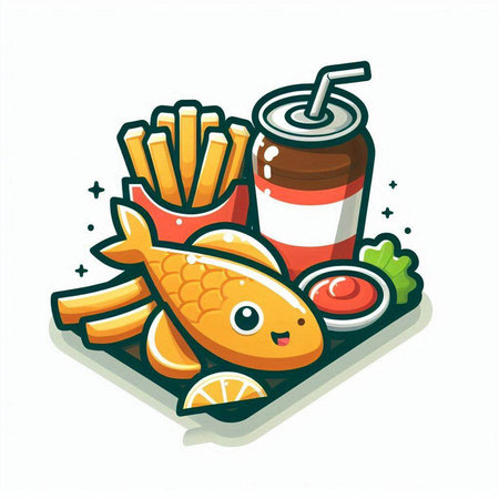 Fried fish with french fries and soda. Vector cartoon illustration.のイラスト素材