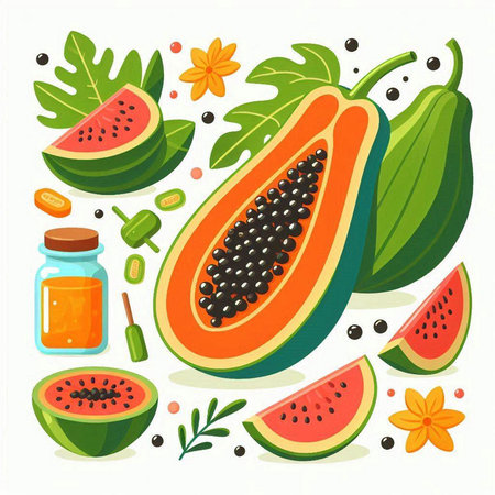 Papaya fruits and smoothies. Vector illustration in flat styleのイラスト素材