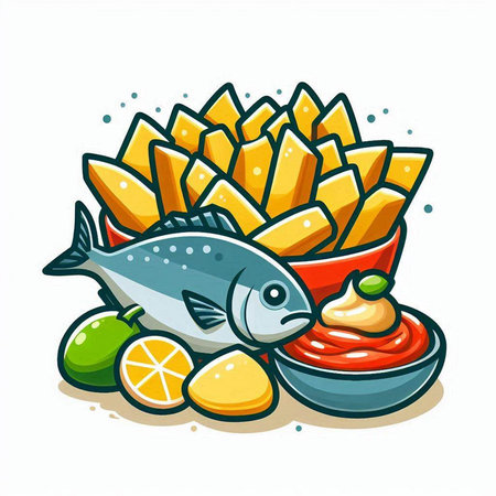 Illustration of fresh fish with french fries and sauce on white backgroundのイラスト素材