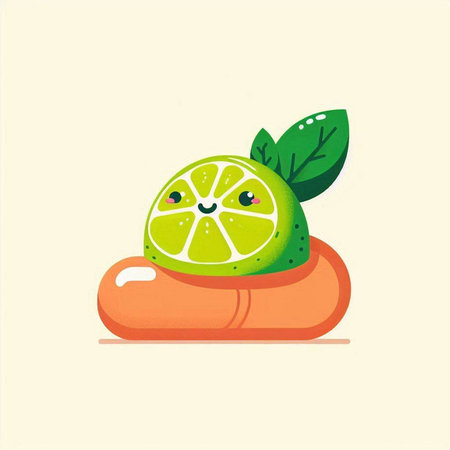 Cute lime fruit in orange capsule. Vector illustration of citrus fruit.のイラスト素材