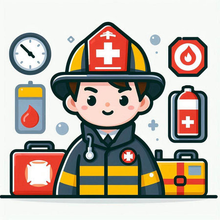 Illustration of a firefighter holding a first aid kit in his handのイラスト素材