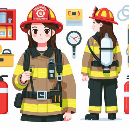 Cartoon illustration of fireman and firewoman characters. Vector illustrationのイラスト素材