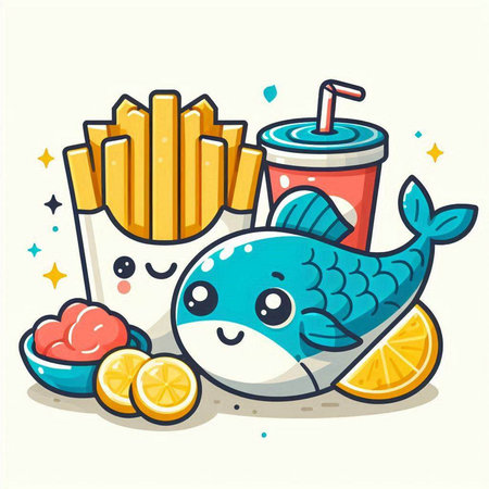 Cute cartoon fish with soda, lemon and chips. Vector illustrationのイラスト素材
