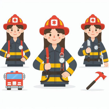Firefighter and fireman characters vector illustration. Flat style design.のイラスト素材