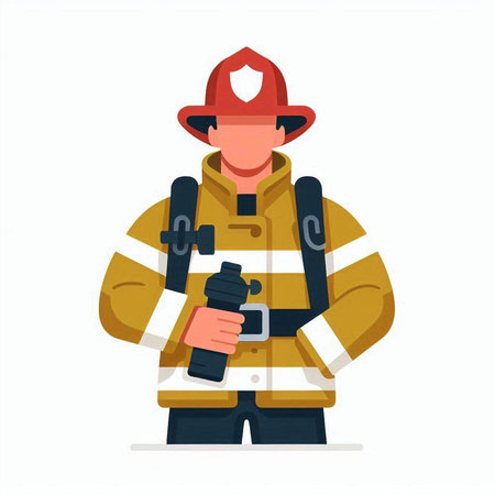Firefighter in uniform holding a fire extinguisher. Flat vector illustration.のイラスト素材