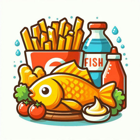 Fish, french fries, ketchupnnaise. Vector illustrationのイラスト素材