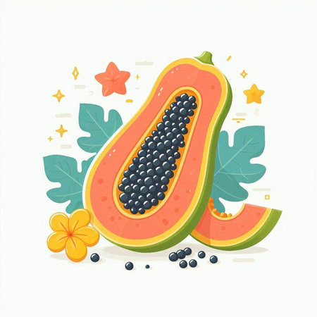 Papaya fruit with leaves and flowers. Vector illustration in flat styleのイラスト素材