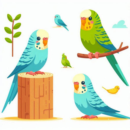 Set of cute parrots sitting on a tree stump. Vector illustration.のイラスト素材