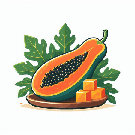 Papaya fruit on a wooden plate. Vector illustration in cartoon style.のイラスト素材