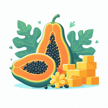 Papaya fruits and cubes on white background. Vector illustration.のイラスト素材